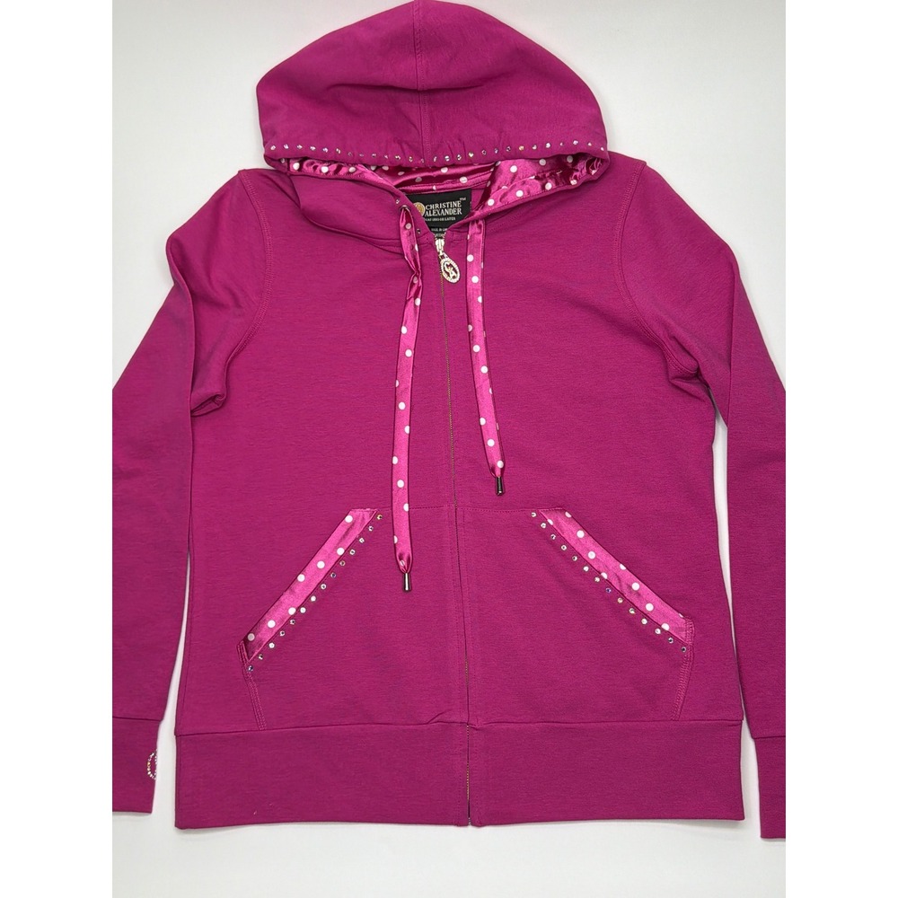 Christine Alexander Pink Polka Dot Rhinestone Zip‎ Up Hoodie Women's Medium